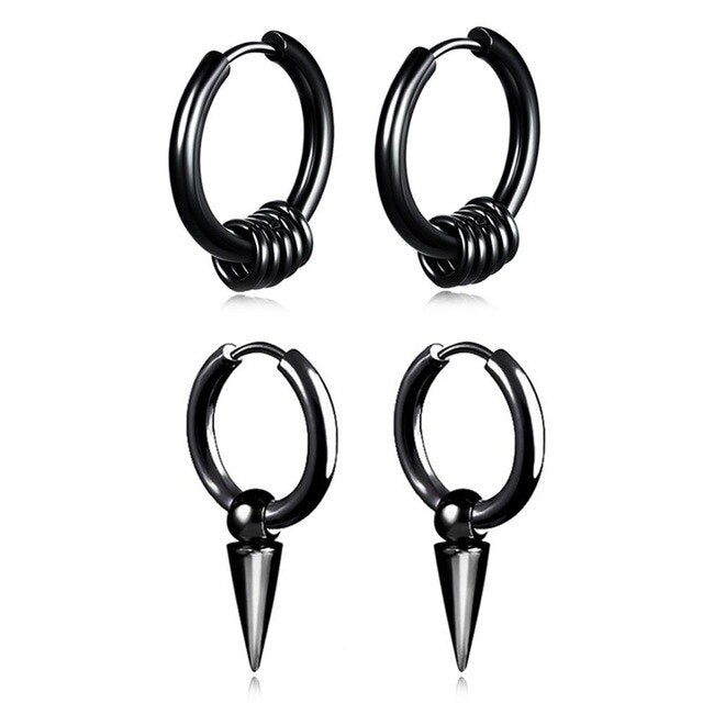 Black or Silver Hoops and Dangles Stainless Steel Hip-Hop Korean Style Earrings-Earrings-Innovato Design-Black 2-Innovato Design