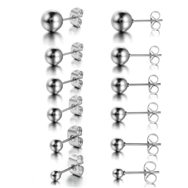 6 Pairs Ball Bead Stainless Steel Punk Stud Earrings-Earrings-Innovato Design-Silver-Innovato Design
