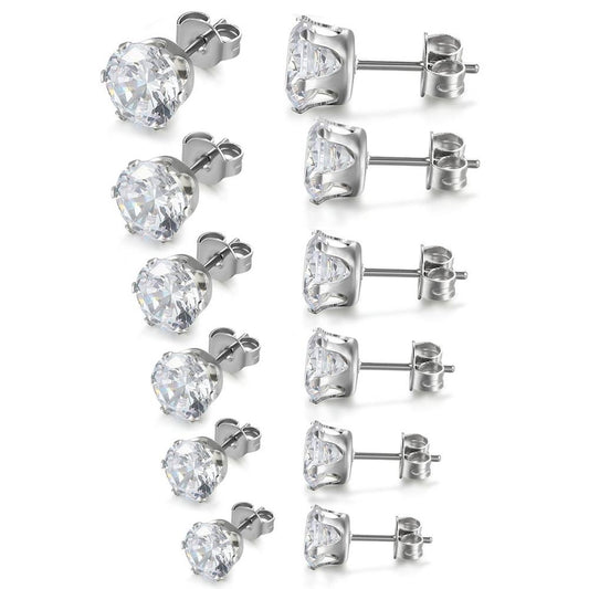 6 Pairs Round Cubic Zirconia Inlay Stainless Steel Stud Earrings-Earrings-Innovato Design-Black-Innovato Design