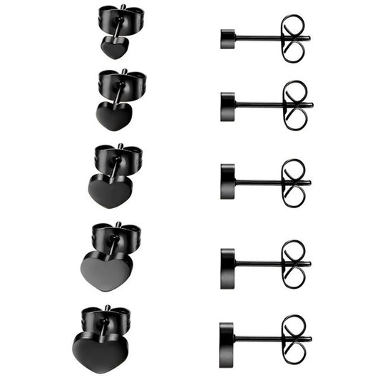 5 Pairs Silver Color Heart 316L Stainless Steel Fashion Punk Stud Earrings-Earrings-Innovato Design-Black-Innovato Design