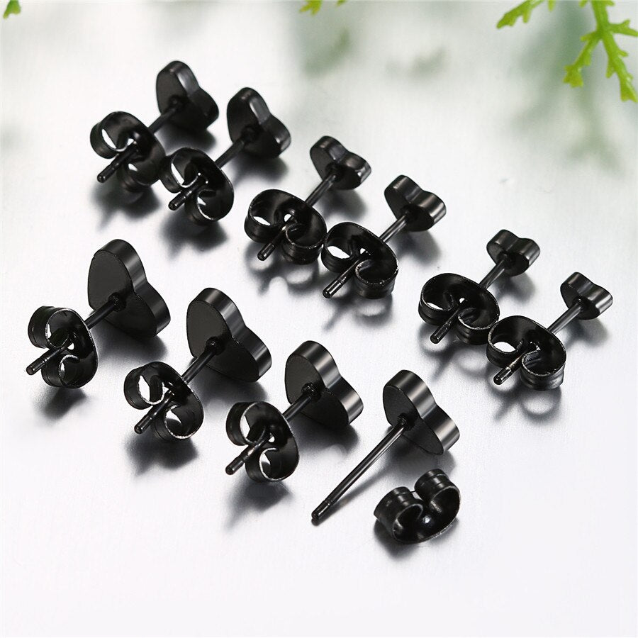 5 Pairs Silver Color Heart 316L Stainless Steel Fashion Punk Stud Earrings-Earrings-Innovato Design-Black-Innovato Design