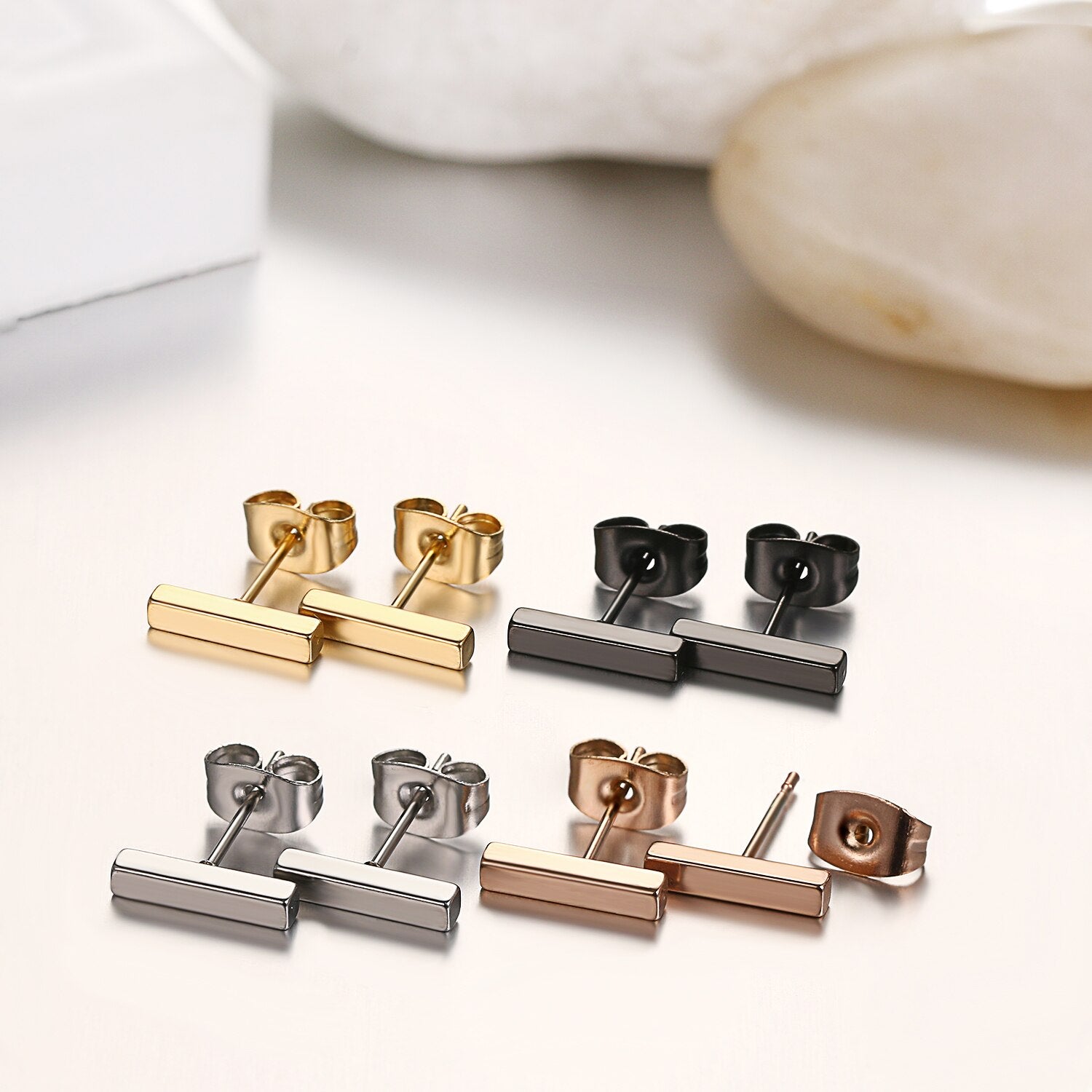 4 Pairs Flat Bar Stainless Steel Fashion Stud Earrings-Earrings-Innovato Design-6mm-Innovato Design