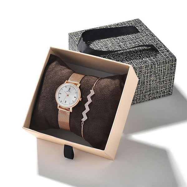 Women Quartz Watch and Crystal Bracelet Jewelry Set-Jewelry Sets-Innovato Design-Rose Gold Wave-Innovato Design