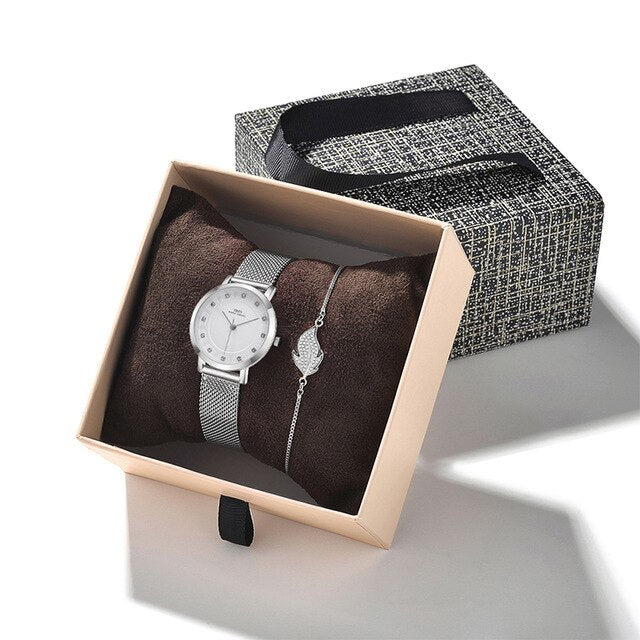 Women Quartz Watch and Crystal Bracelet Jewelry Set-Jewelry Sets-Innovato Design-Silver Crystal-Innovato Design