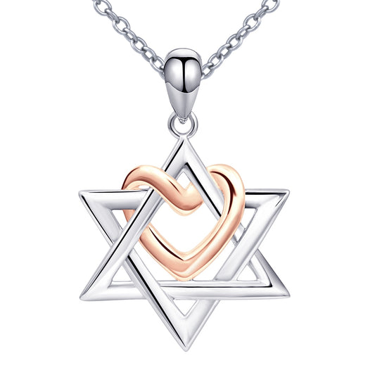 Star of David and Rose-Gold-Plated Heart 925 Sterling Silver Fashion Pendant Necklace-Necklaces-Innovato Design-Innovato Design