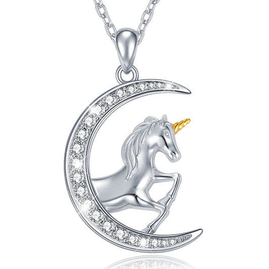 Unicorn and Cubic Zirconia Moon 925 Sterling Silver Fashion Pendant Necklace-Necklaces-Innovato Design-Innovato Design
