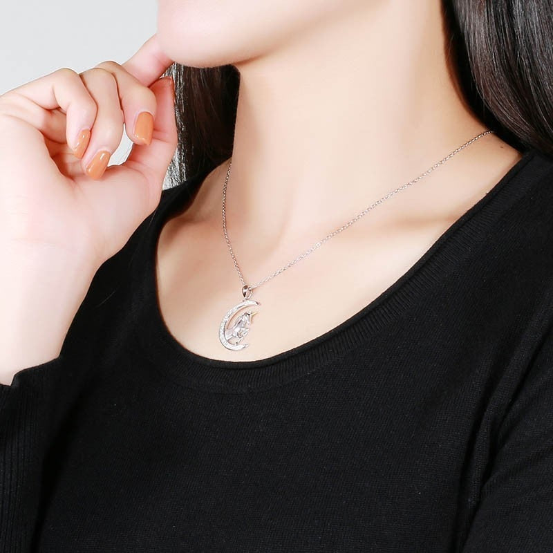 Unicorn and Cubic Zirconia Moon 925 Sterling Silver Fashion Pendant Necklace-Necklaces-Innovato Design-Innovato Design