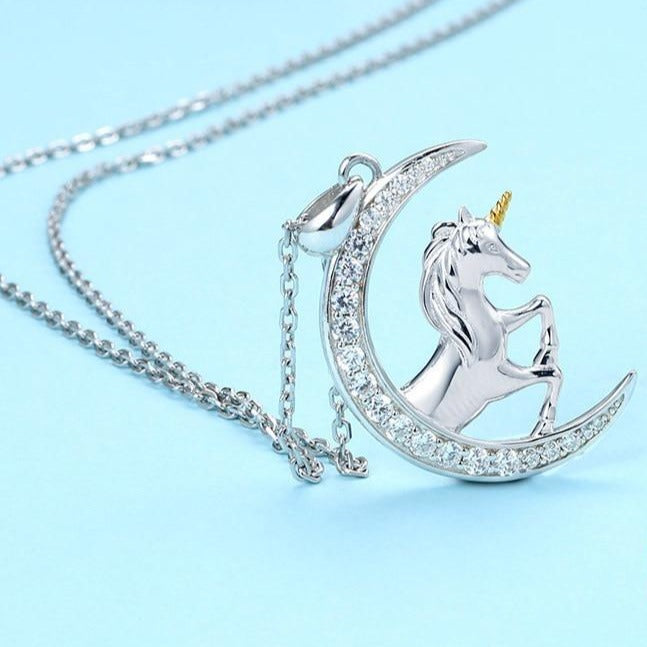 Unicorn and Cubic Zirconia Moon 925 Sterling Silver Fashion Pendant Necklace-Necklaces-Innovato Design-Innovato Design