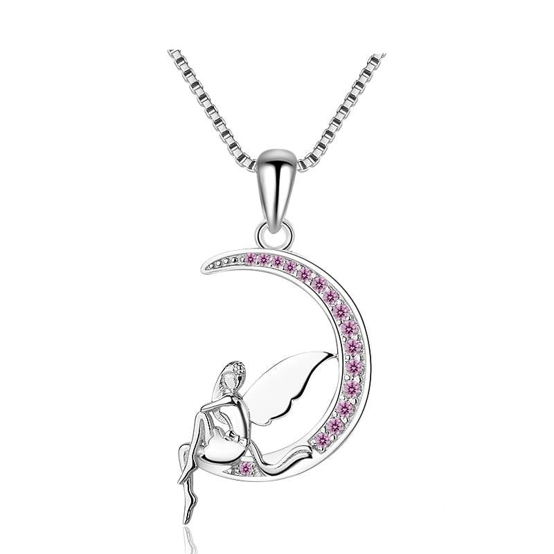 Angel with Back Against the Pink Cubic Zirconia Crescent Moon 925 Sterling Silver Pendant Necklace-Necklaces-Innovato Design-Innovato Design