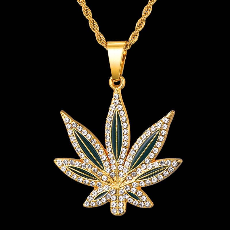 Rhinestone-Studded Leaf Bling Rope Chain Hip-hop Pendant Necklace-Necklaces-Innovato Design-Innovato Design