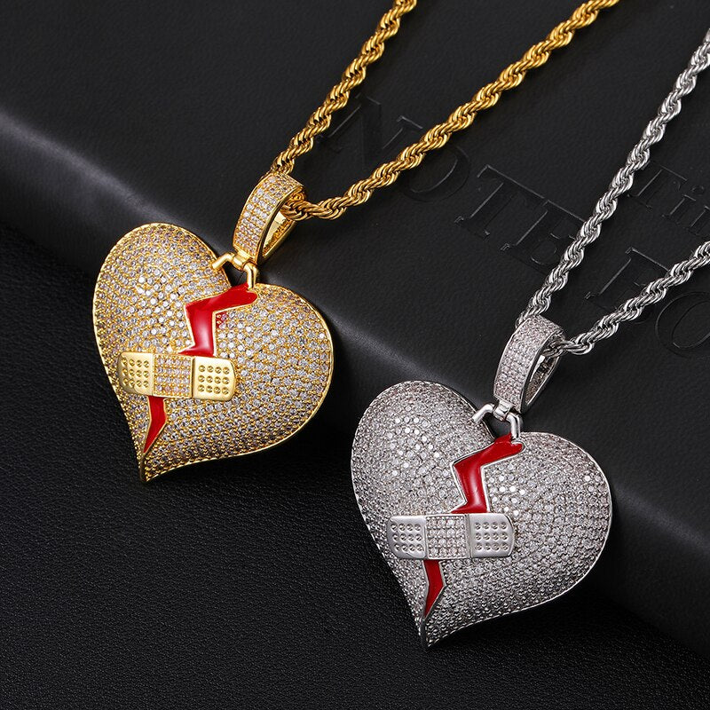 Cubic-Zirconia-Studded Broken Heart with Bandage Hip-hop Pendant Necklace-Necklaces-Innovato Design-Gold-4mm Rope-20in-Innovato Design