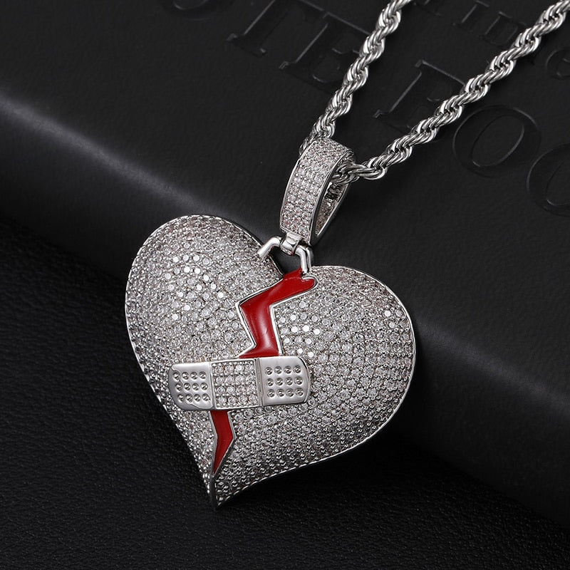 Cubic-Zirconia-Studded Broken Heart with Bandage Hip-hop Pendant Necklace-Necklaces-Innovato Design-Gold-4mm Rope-20in-Innovato Design