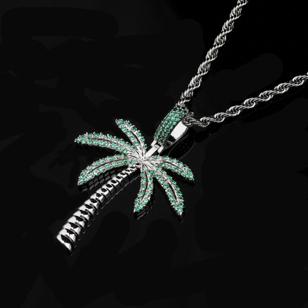 Cubic Zirconia Gold/Silver-Plated Coconut Tree Hip-Hop Pendant Necklace-Necklaces-Innovato Design-Gold-Rope Chain-18inch-Innovato Design
