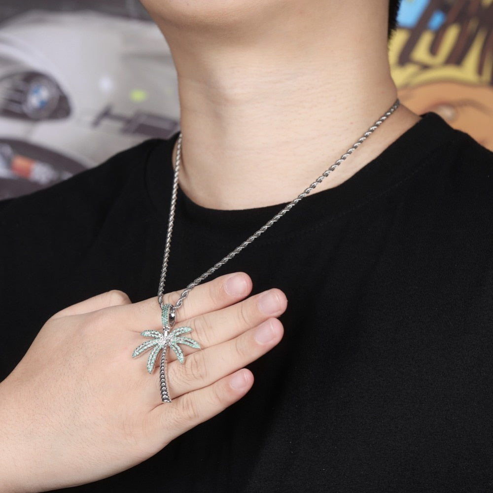Cubic Zirconia Gold/Silver-Plated Coconut Tree Hip-Hop Pendant Necklace-Necklaces-Innovato Design-Gold-Rope Chain-18inch-Innovato Design