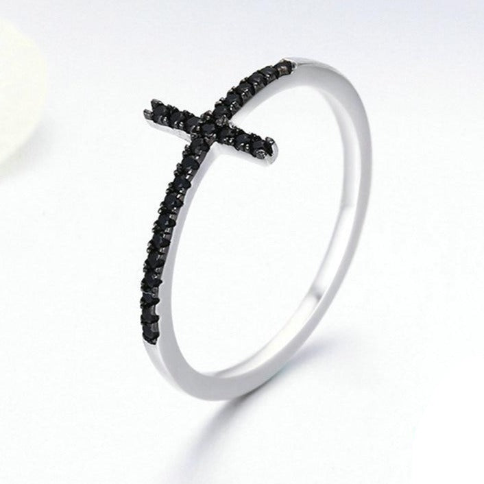 Black Cubic Zirconia Cross 925 Sterling Silver Ring-Rings-Innovato Design-6-Innovato Design