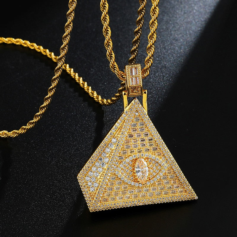 Cubic-Zirconia-Studded Pyramid Eye Bling Hip-hop Pendant Necklace-Necklaces-Innovato Design-Silver-4mm Tennis-24inch-Innovato Design