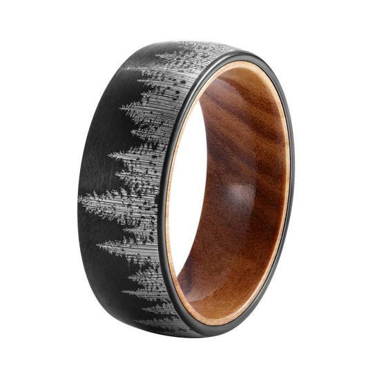 8mm Men Black Mountain Forest Tungsten Carbide with Olive Wood Interior Comfort Fit Wedding Band-Rings-Innovato Design-7-Innovato Design