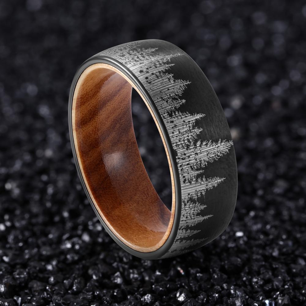 8mm Men Black Mountain Forest Tungsten Carbide with Olive Wood Interior Comfort Fit Wedding Band-Rings-Innovato Design-7-Innovato Design