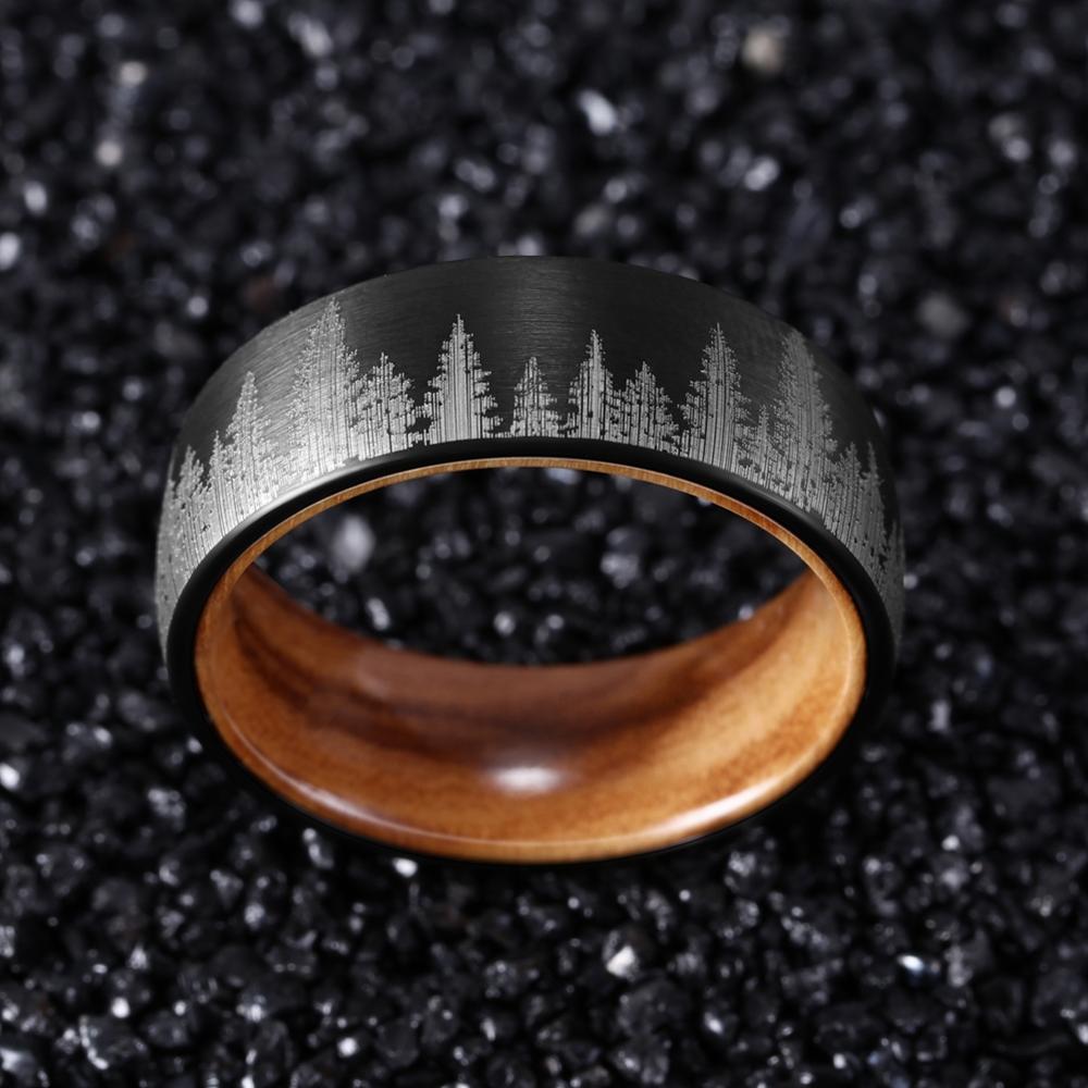 8mm Men Black Mountain Forest Tungsten Carbide with Olive Wood Interior Comfort Fit Wedding Band-Rings-Innovato Design-7-Innovato Design