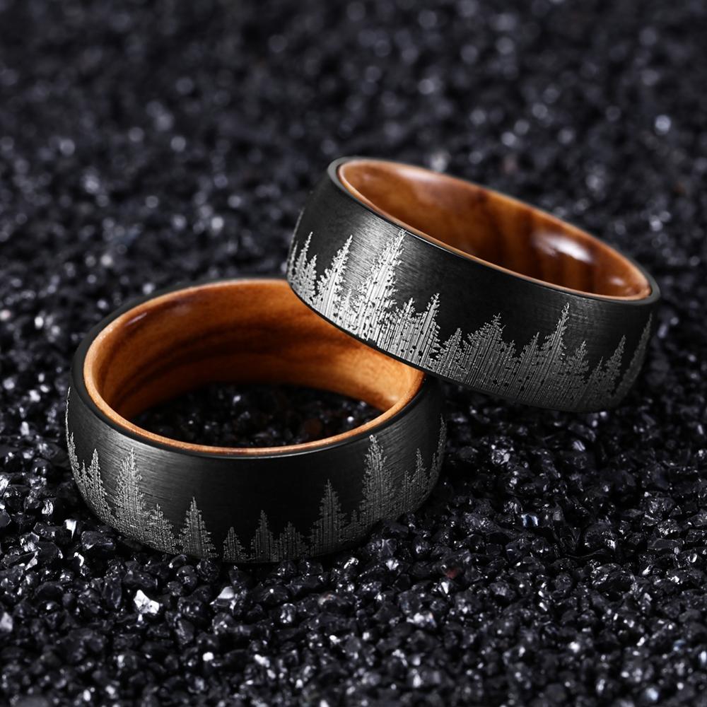 8mm Men Black Mountain Forest Tungsten Carbide with Olive Wood Interior Comfort Fit Wedding Band-Rings-Innovato Design-7-Innovato Design