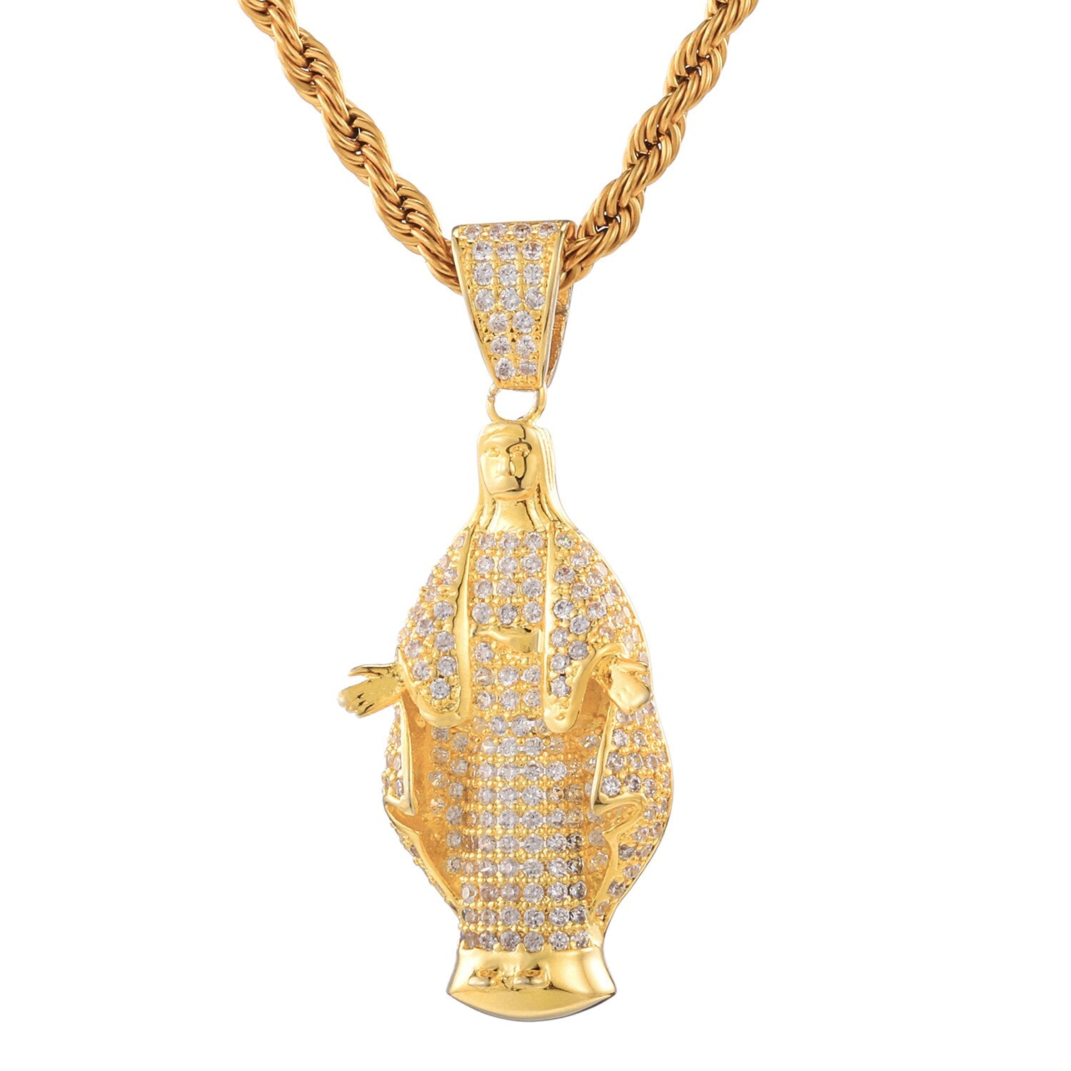 Cubic-Zirconia-Studded Gold-Plated Virgin Mary Bling Hip-hop Pendant Necklace-Necklaces-Innovato Design-Innovato Design