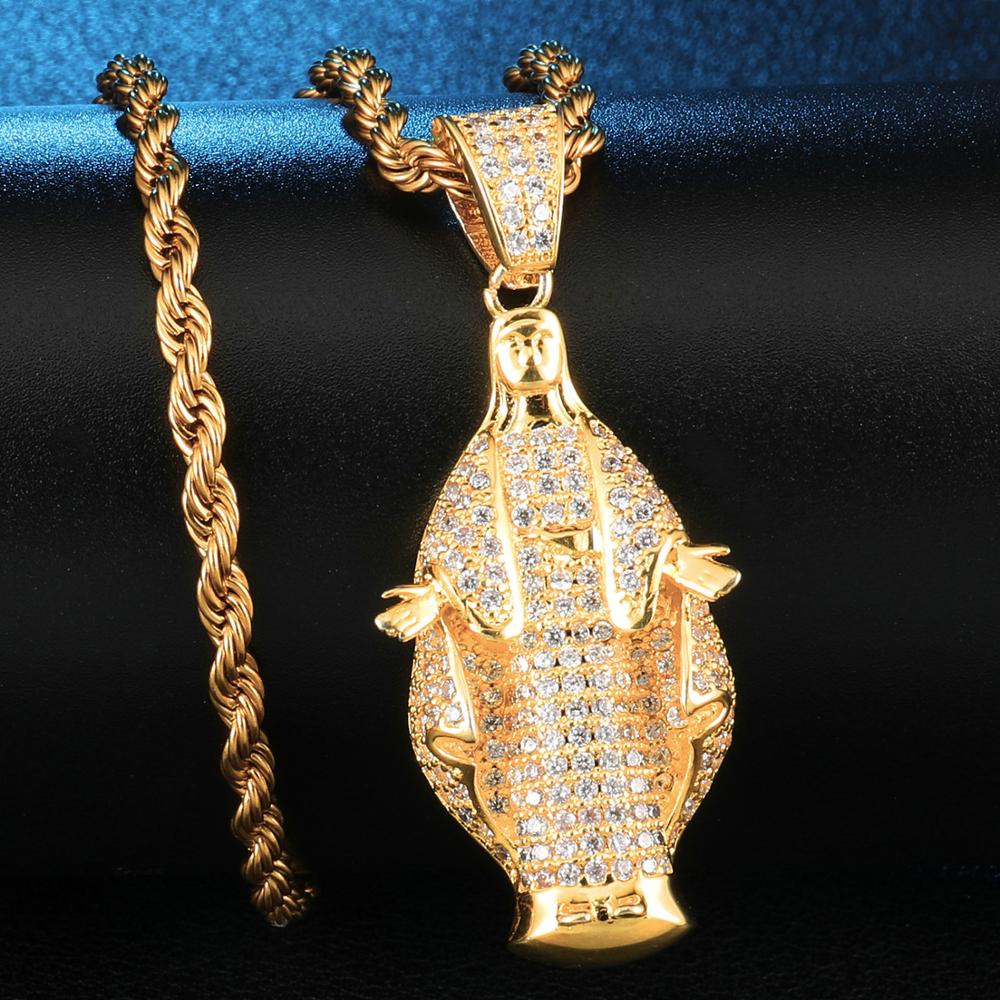 Cubic-Zirconia-Studded Gold-Plated Virgin Mary Bling Hip-hop Pendant Necklace-Necklaces-Innovato Design-Innovato Design