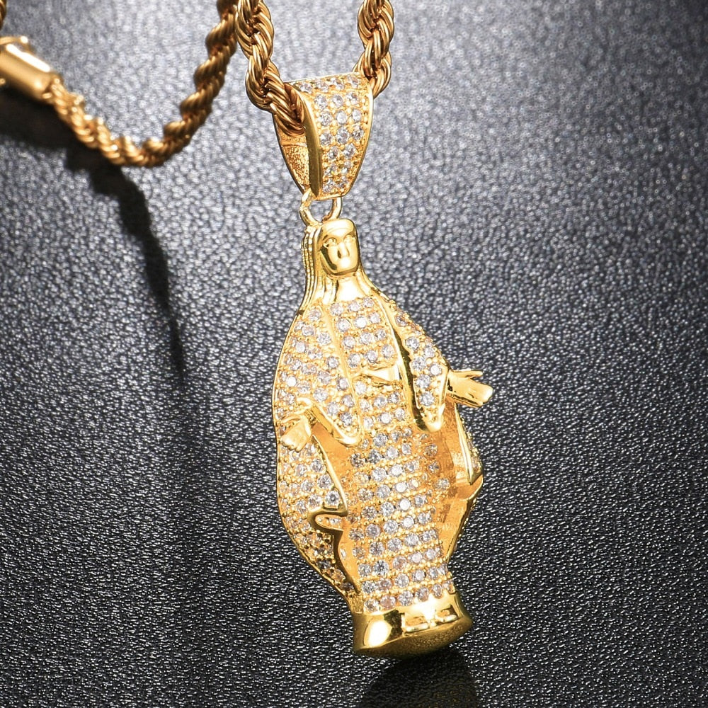 Cubic-Zirconia-Studded Gold-Plated Virgin Mary Bling Hip-hop Pendant Necklace-Necklaces-Innovato Design-Innovato Design