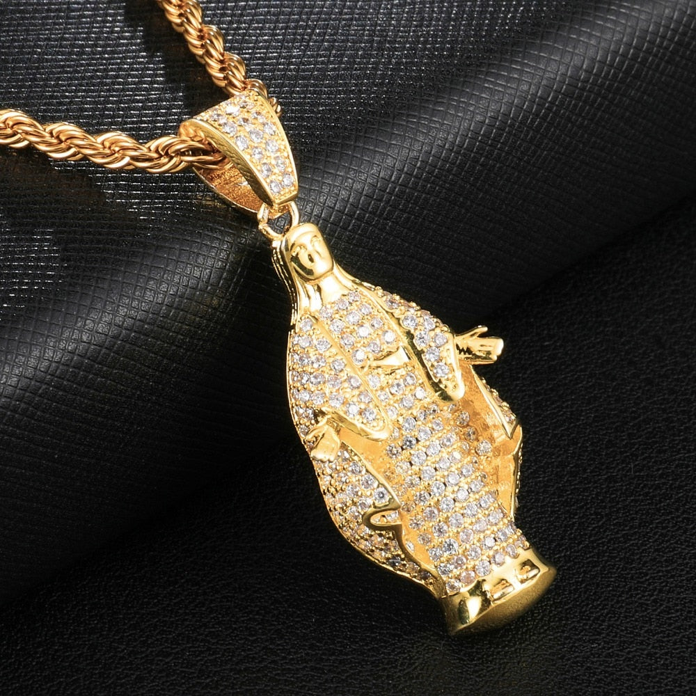 Cubic-Zirconia-Studded Gold-Plated Virgin Mary Bling Hip-hop Pendant Necklace-Necklaces-Innovato Design-Innovato Design