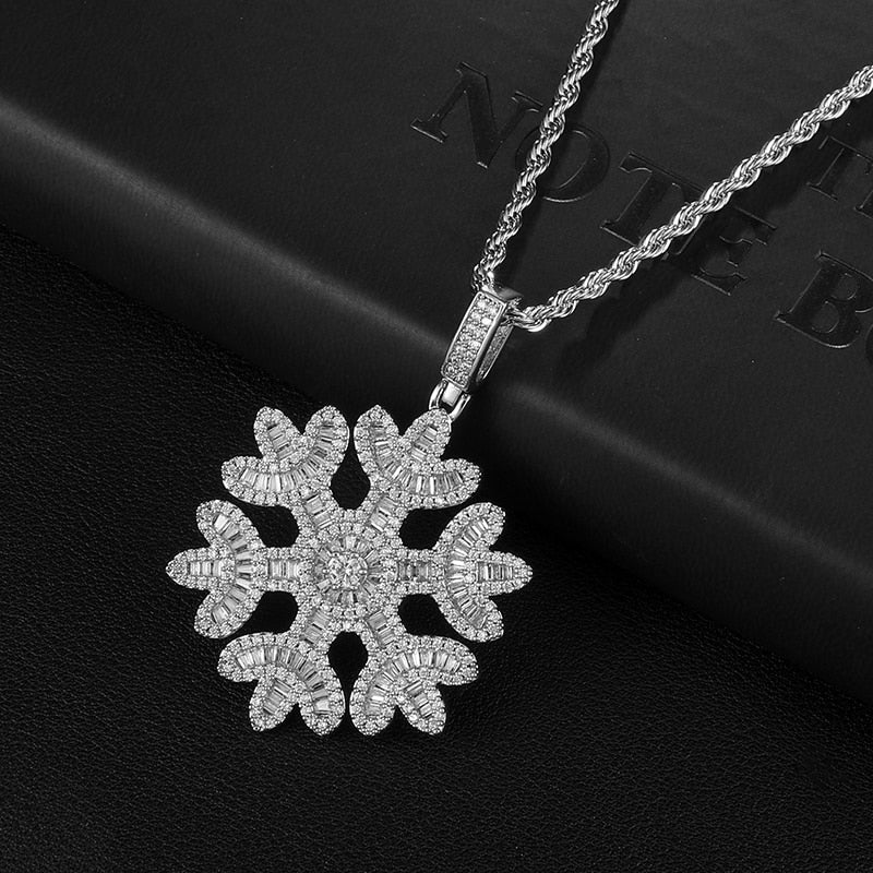 Cubic Zirconia Studded Baguette Snowflake Bling Hip-hop Pendant Necklace-Necklaces-Innovato Design-Gold-Cuban-20inch-Innovato Design