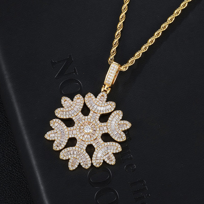 Cubic Zirconia Studded Baguette Snowflake Bling Hip-hop Pendant Necklace-Necklaces-Innovato Design-Gold-Cuban-20inch-Innovato Design