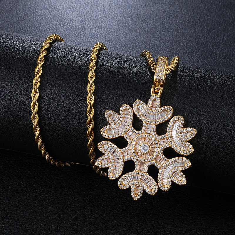 Cubic Zirconia Studded Baguette Snowflake Bling Hip-hop Pendant Necklace-Necklaces-Innovato Design-Gold-Cuban-20inch-Innovato Design