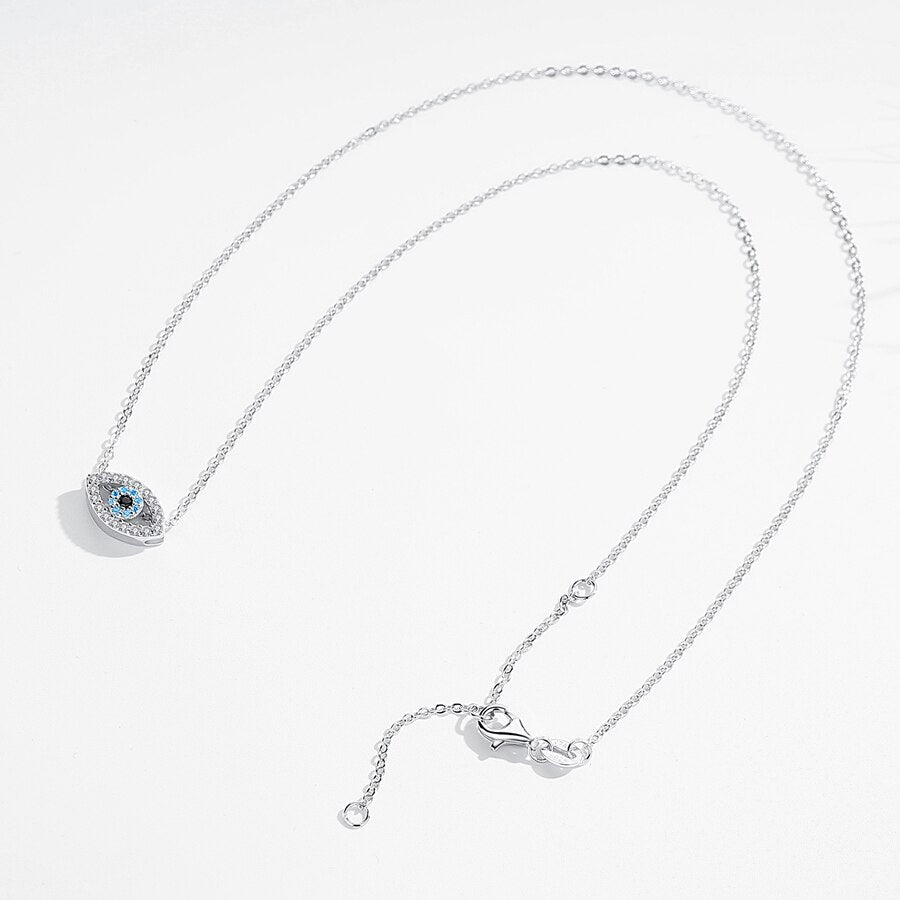 Lucky Turkish Blue Evil Eye Rhinestone 925 Sterling Silver Fashion Necklace-Necklaces-Innovato Design-Blue-18 Inch-Innovato Design