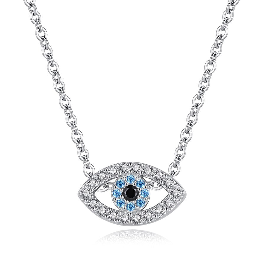 Lucky Turkish Blue Evil Eye Rhinestone 925 Sterling Silver Fashion Necklace-Necklaces-Innovato Design-Blue-18 Inch-Innovato Design