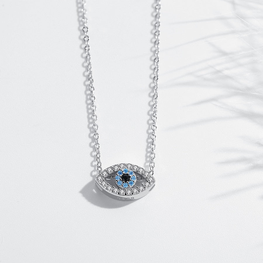 Lucky Turkish Blue Evil Eye Rhinestone 925 Sterling Silver Fashion Necklace-Necklaces-Innovato Design-Blue-18 Inch-Innovato Design