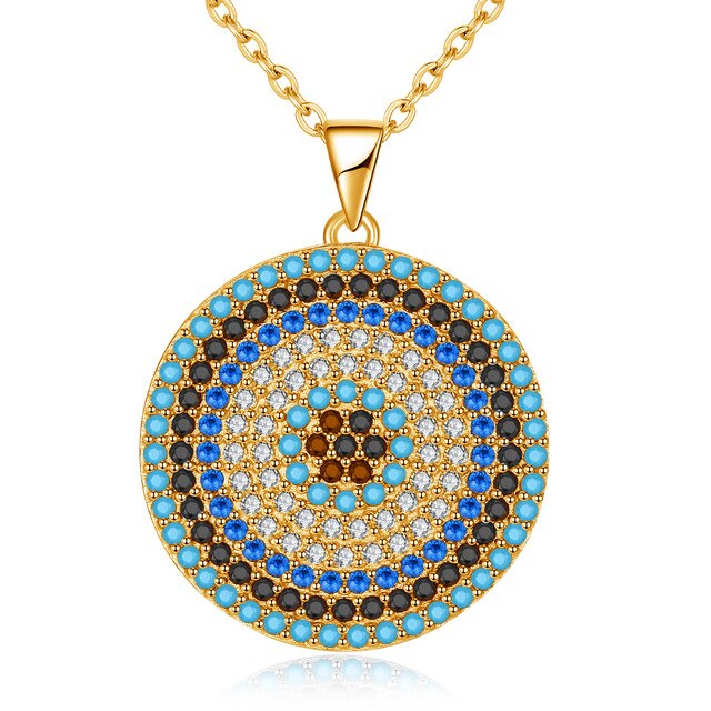 Turkish Big Blue Stone Evil Eye Hamsa 925 Sterling Silver Round Pendant Necklace-Necklaces-Innovato Design-Gold-18 Inch-Innovato Design