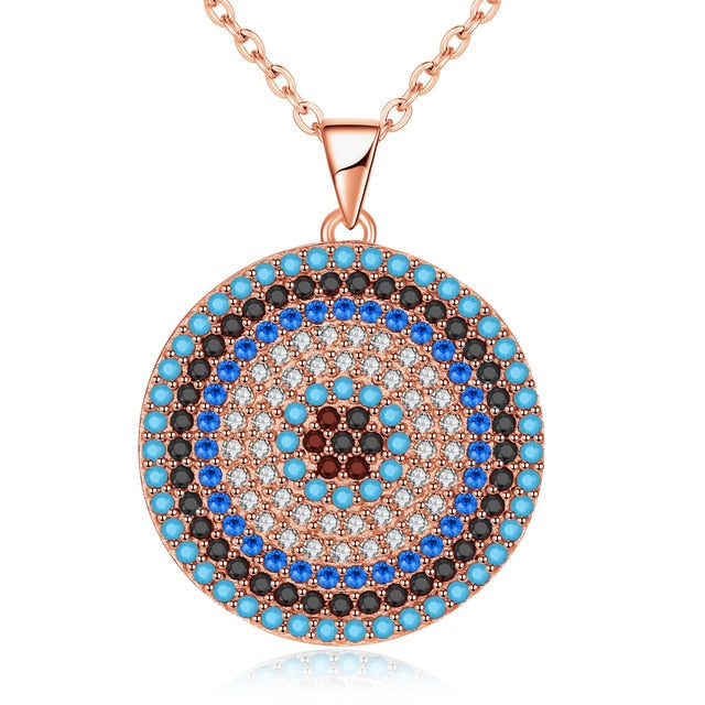 Turkish Big Blue Stone Evil Eye Hamsa 925 Sterling Silver Round Pendant Necklace-Necklaces-Innovato Design-Rose Gold-18 Inch-Innovato Design