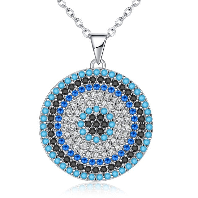 Turkish Big Blue Stone Evil Eye Hamsa 925 Sterling Silver Round Pendant Necklace-Necklaces-Innovato Design-Silver-18 Inch-Innovato Design