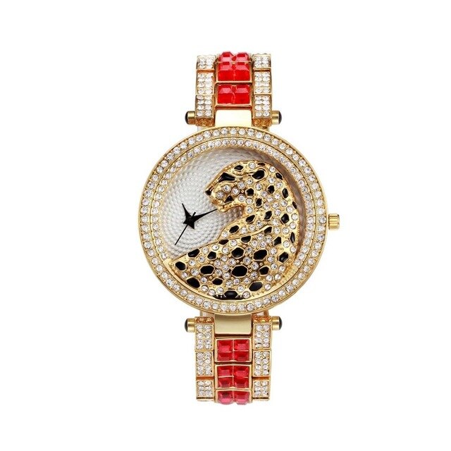 Waterproof Leopard Cubic-Zirconia-Studded Stainless Steel Band Fashion Hip-hop Quartz Watch-Watches-Innovato Design-Gold Red-Innovato Design