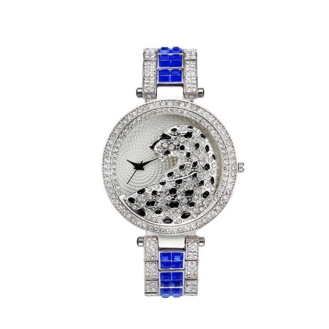 Waterproof Leopard Cubic-Zirconia-Studded Stainless Steel Band Fashion Hip-hop Quartz Watch-Watches-Innovato Design-Silver Blue-Innovato Design