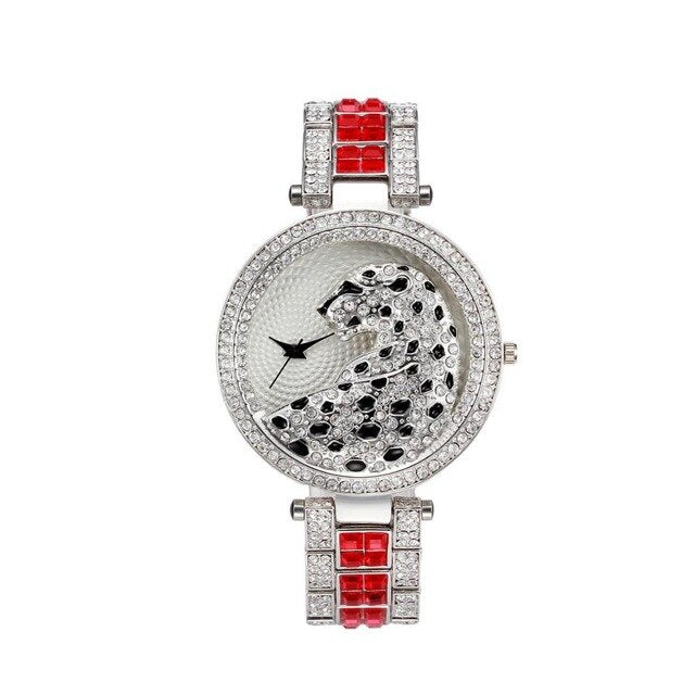 Waterproof Leopard Cubic-Zirconia-Studded Stainless Steel Band Fashion Hip-hop Quartz Watch-Watches-Innovato Design-Silver Red-Innovato Design