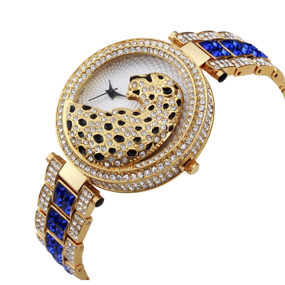 Waterproof Leopard Cubic-Zirconia-Studded Stainless Steel Band Fashion Hip-hop Quartz Watch-Watches-Innovato Design-Gold Blue-Innovato Design