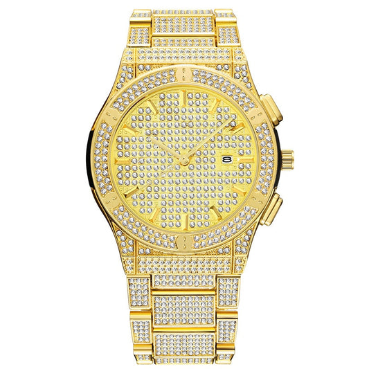 Waterproof Cubic-Zirconia-Studded with Date Display Stainless Steel Band Fashion Hip-hop Quartz Watch-Watches-Innovato Design-Silver-Innovato Design