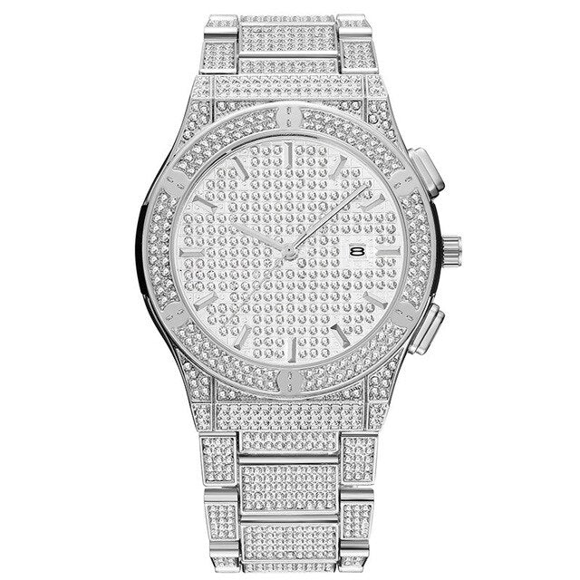 Waterproof Cubic-Zirconia-Studded with Date Display Stainless Steel Band Fashion Hip-hop Quartz Watch-Watches-Innovato Design-Silver-Innovato Design
