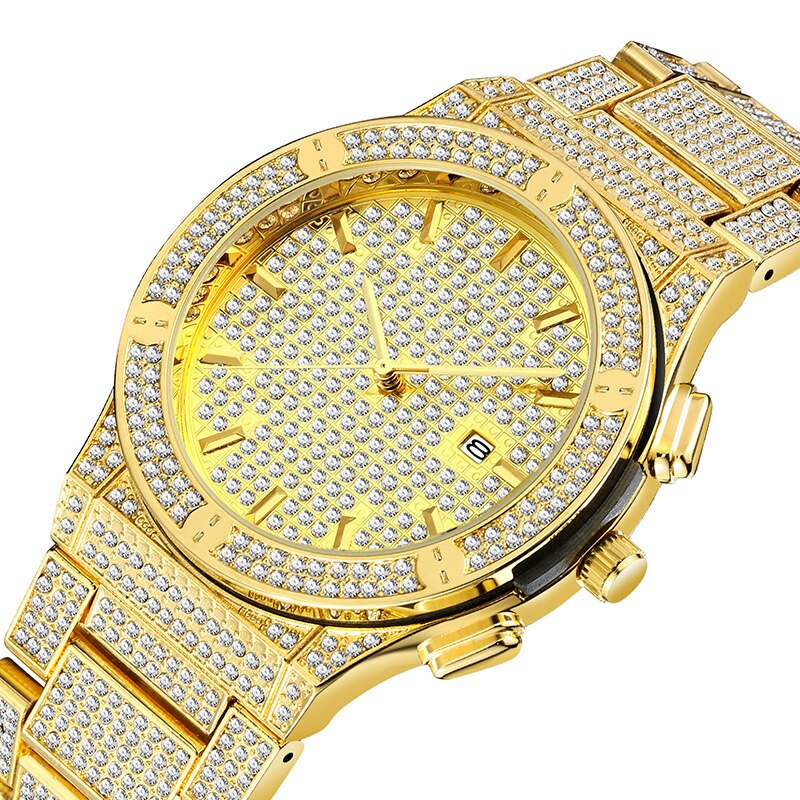 Waterproof Cubic-Zirconia-Studded with Date Display Stainless Steel Band Fashion Hip-hop Quartz Watch-Watches-Innovato Design-Silver-Innovato Design