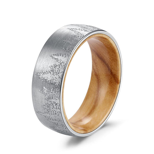 8mm Mountain Forest Olive Wood and Tungsten Carbide Comfort Fit Wedding Band-Rings-Innovato Design-6-Innovato Design