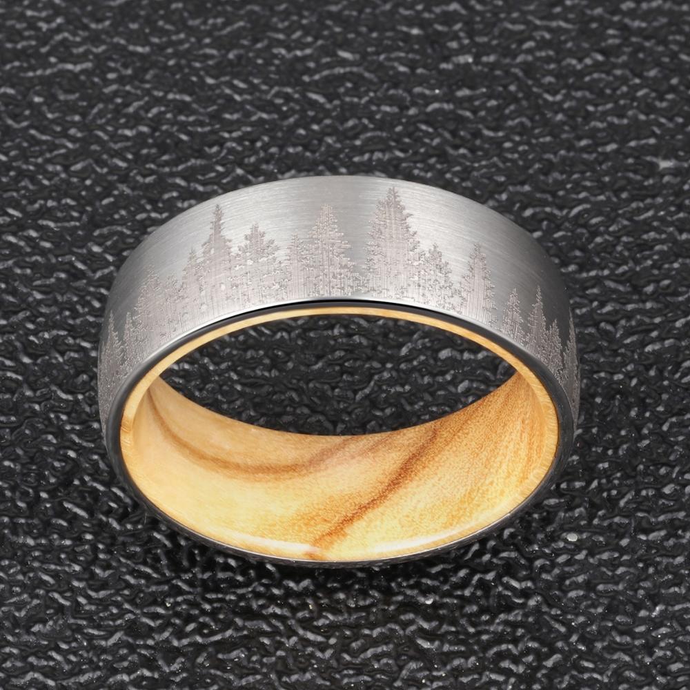 8mm Mountain Forest Olive Wood and Tungsten Carbide Comfort Fit Wedding Band-Rings-Innovato Design-6-Innovato Design