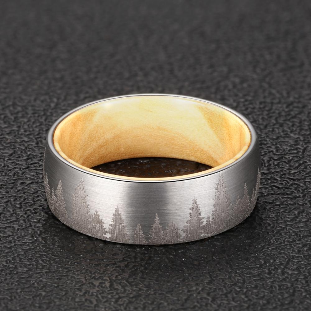 8mm Mountain Forest Olive Wood and Tungsten Carbide Comfort Fit Wedding Band-Rings-Innovato Design-6-Innovato Design