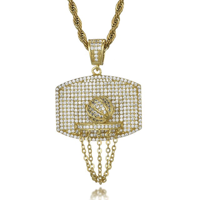 Cubic Zirconia Studded Basketball Bling Hip-hop Pendant Necklace-Necklaces-Innovato Design-Gold-4mm Tennis-20inch-Innovato Design