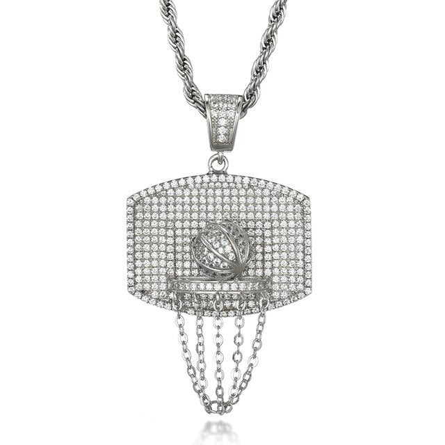 Cubic Zirconia Studded Basketball Bling Hip-hop Pendant Necklace-Necklaces-Innovato Design-Silver-4mm Tennis-20inch-Innovato Design