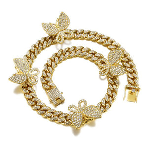 Rhinestone-Studded Cuban Chain with Butterflies Hip-hop Charm Necklace-Necklaces-Innovato Design-Gold-50cm-Innovato Design